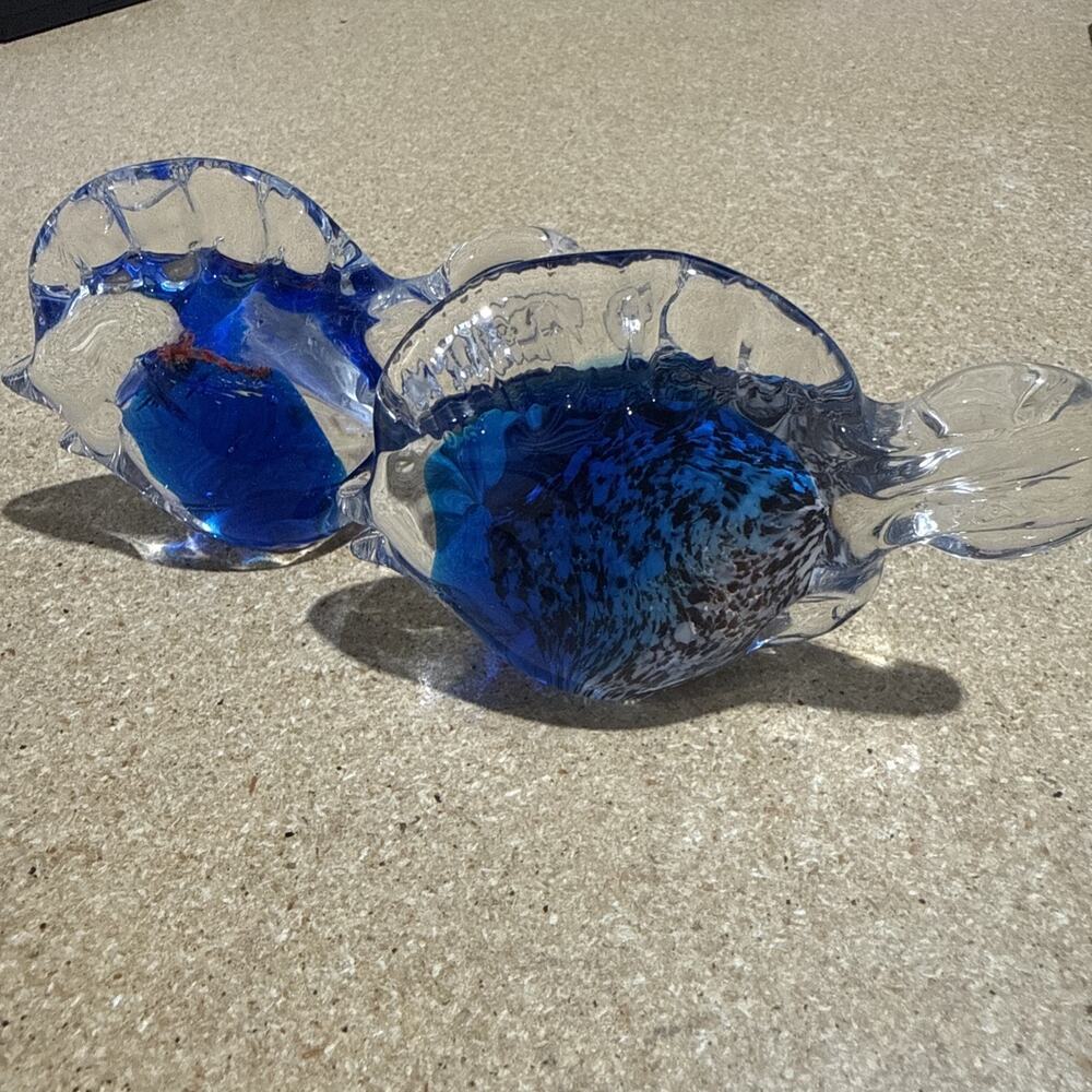 Pair MURANO STYLE ART GLASS Blue White Orange 4" FISH SCULPTURE/PAPERWEIGHT